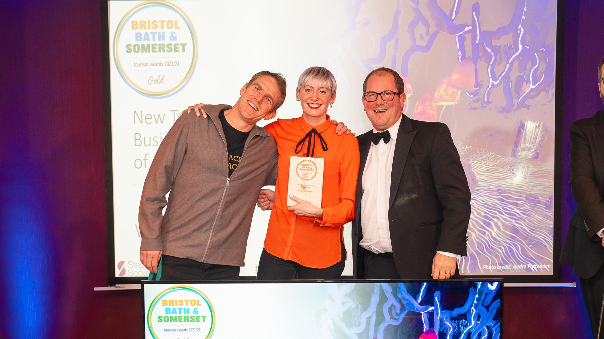 Wake The Tiger team receiving a Gold award at Bristol, Bath and Somerset Tourism Awards 2023